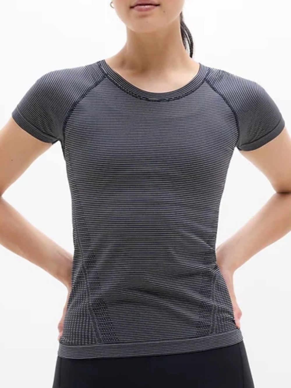 Athleta Womens Momentum Seamless Short Sleeve Striped Running Top Grey
